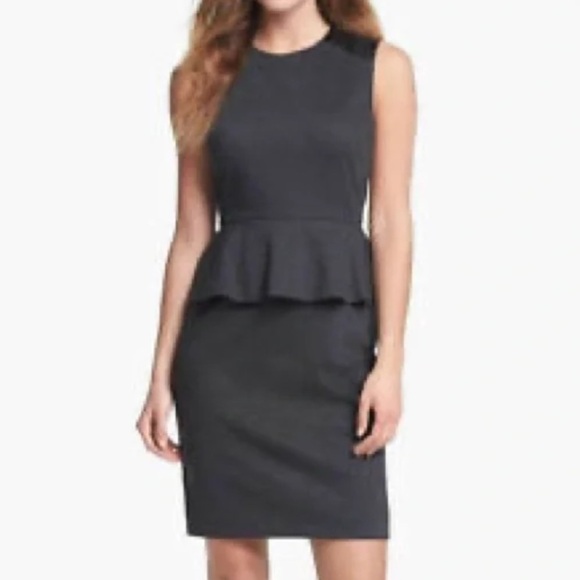 Vince Camuto 6 Grey Ponte Faux Leather Trim Sleeveless Peplum Sheath Dress NWT - Picture 1 of 11